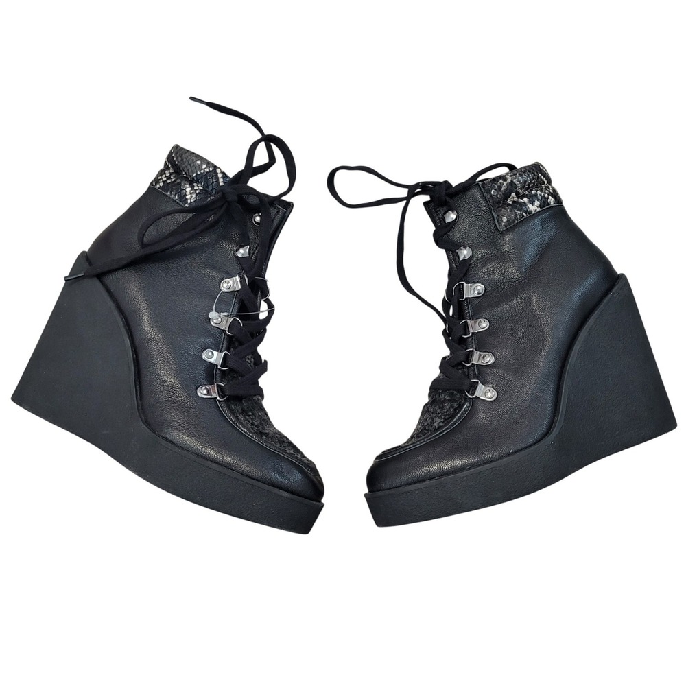Jessica Simpson Black Wedge Ankle‎ Boots Leather Sherpa Wool Lace Up Platform 6